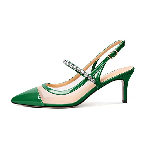 Aumoted Women's Slingback Mid Heels Pointed Cap Toe Pumps Slingback Stiletto Pump Rhinestones Ankle Strap Heels 2.5 Inch Party Shoes Patent Leather Green Us Size 6 #TOP1