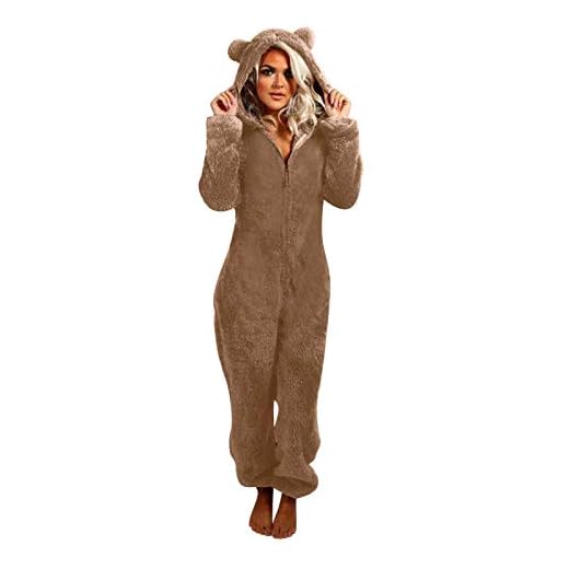 Albornoces para mujer, Pijama Mono Entero con Capucha Pies Cremallera Polar Jumpsuit Adulto Una Pieza Invierno Termica Loungewear Calcetines Felpa Oreja de Gato Homewear para Chica(A Caqui,M)