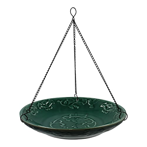 Backyard Essentials Green Ceramic Hanging Birdbath, Black Metal Chain Hanger, Hummingbird Bird Bath #TOP1