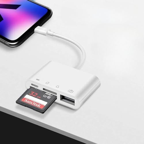 4-in-1 SD TF memory card reader, SD card reader for iPhone iPad,SD card viewer with TF/SD dual slots, portable camera memory card reader for iPhone with charging port device, plug and play
