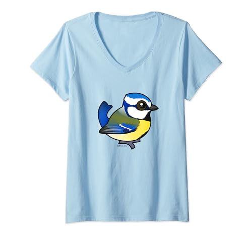 Womens Cute Cartoon Eurasian Blue Songbird Cyanistes Caeruleus V-Neck T-Shirt