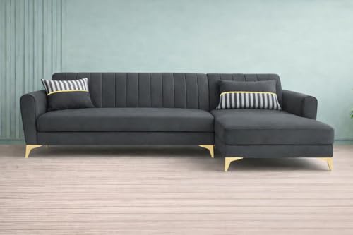 Image of Adorn India Premium Luster 8 Seater L Shape Sofa Set with 2 Puffy & 1 Center Table | Velvet Suede Fabric | 3-Year Warranty | RHS | Dark Grey with Golden Legs & Striped Pattern Cushion