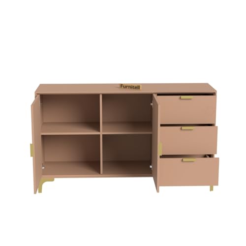 Image of Wooden Sideboard Cabinet for Living Room & Bedroom | Wooden Storage Cabinet with 2 Doors & 3 Drawers Storage | Large Storage Organizer /Cupboard | HDMR Premium Wood | Gold Metal Legs (Beige)