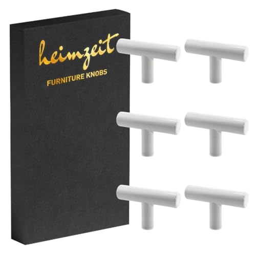 heimzeit Poignées de Placard pour Portes, Tiroirs et Commodes en Acier Inoxydable de Haute Qualité [6 Pièces, Design en T] Couleur: Blanc, Boutons de Meuble avec Poignée à un trou et vis