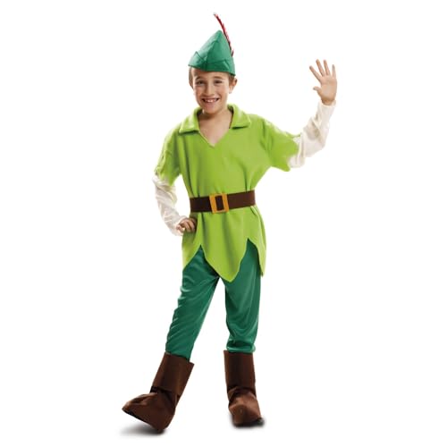 My Other Me - Disfraz infantil de Peter Pan, incluye sombrero con pluma roja, camisa verde, cinturón marrón, pantalón y cubre botas, talla de 5 a 6 años