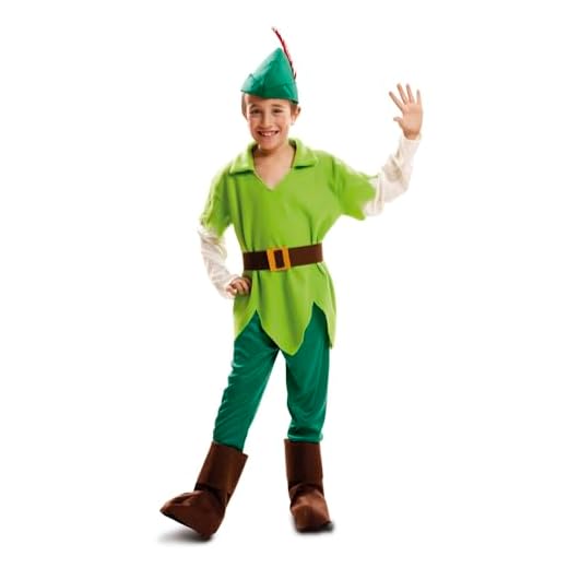 My Other Me - Disfraz infantil de Peter Pan, incluye sombrero con pluma roja, camisa verde, cinturón marrón, pantalón y cubre botas, talla de 7 a 9 años
