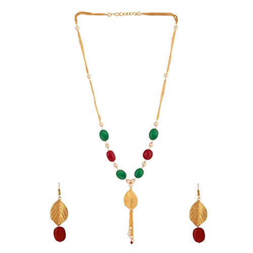 Efulgenz Indian 14 K Gold Plated Red Green Faux Ruby Emerald Pearl Beads Strand Neckalce Earrings Set Fashion Costume Jewelry