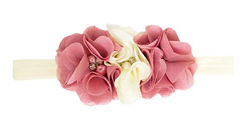 StylesILove Baby Girls Handmade Rhinestones Pearls Floral Chiffon Ribbon Headband (2-Pack, Dusty Rose-Ivory)