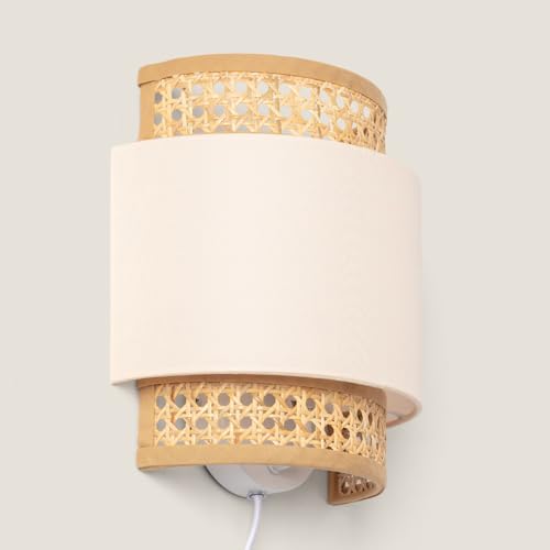 LEDKIA LIGHTING - Aplique de Pared | Ratán y Tela Amaia | Ideal para Interiores | Diseño Bohemio y Rústico | E14, IP20, Blanco Roto, Ratán, Tela