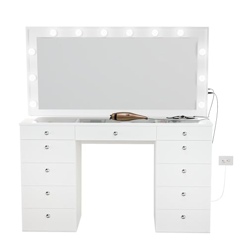 Boahaus Anaisa Extra Large Makeup Vanity, Large White Vanity Mirror with Lights Built-in, Glass Top, Makeup Vanity with 11 Drawers, Power Outlet, USB Ports, Basic Knobs,61.02\'\'Hx56.3\'\'Wx20.08\'\'D - Thumbnail 7