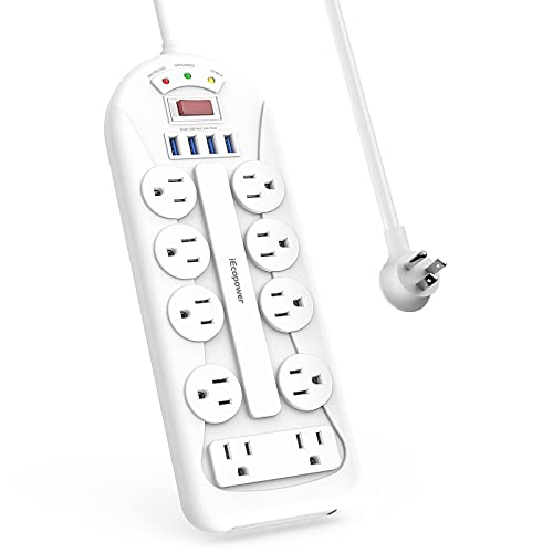 IECOPOWER Surge Protector Power Strip with 10 AC Outlets and 4 USB Ports, Multi Plug Outlet Mountable Power Strips with Overload Protection 1875W/ 15A, 3400 Joules, Flat Plug Extension Cord 8ft White