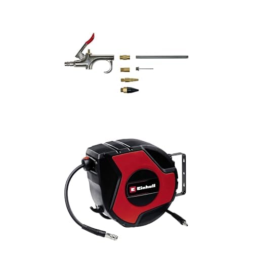 Pistolet de soufflage Einhell fini les tuyaux emmêlés avec le dévidoir auto et ses 7 embouts 8 bar