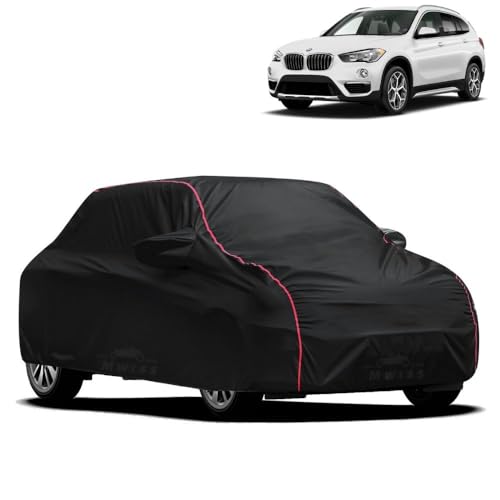 Image of Waterproof Car Cover for BMW X1 | All-Weather Protection, Dustproof & UV Resistant | Triple Stitched Mirror Pockets, Windproof Buckle Strap with Elastic Hem, Black-Red Piping