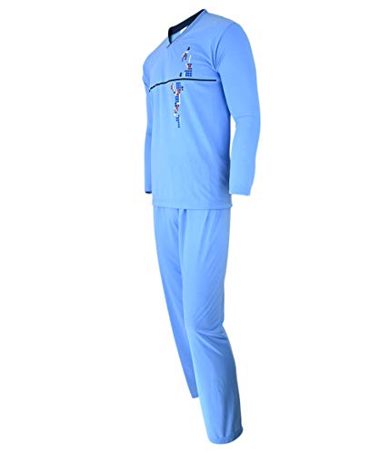 Humy Pijama de dos piezas para hombre, pijama largo en conjunto, ropa de dormir a rayas de 100% algodón (M hasta 3XL) [M1] Skyblue XL Cover