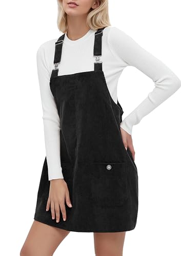 YUENIU Womens Corduroy Overalls Dress Casual Adjustable Straps Pinafore Dress Short Skirt with Pockets Black L