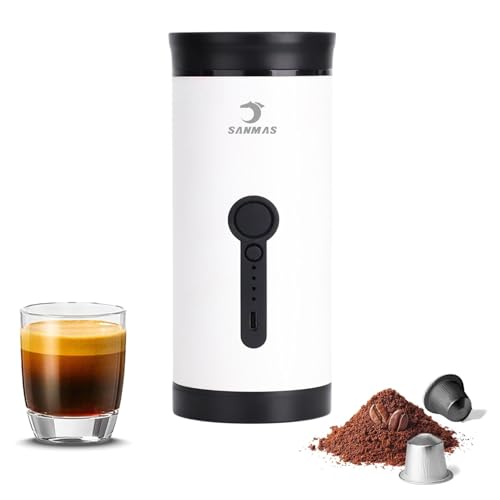 SANMAS Cafetera espresso portátil, cafetera de autocalentamiento recargable por USB-C, para viajes y camping, compatible con café molido y cápsulas, cafetera eléctrica compacta para coche, caravana