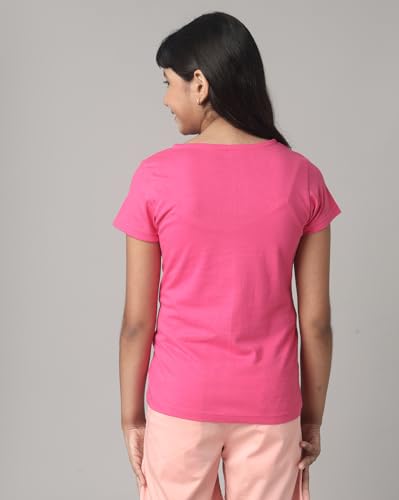 Image of Under Fourteen Only - Girl's T-Shirt | Girls Cotton Round Neck Graphic Printed Half Sleeve T Shirt | Half Sleeve, Fabric - Knits | 14-15 Years (Pink)