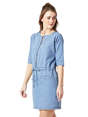 Image of Miss Chase Women's Polo Neck Rolled Up Full Sleeve Denim Solid Buttoned A-Line Mini Dress