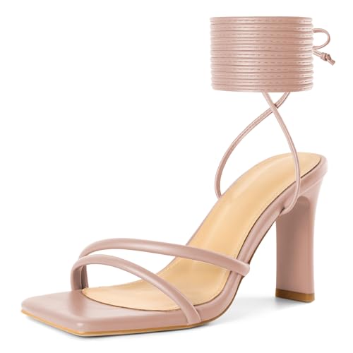 Image of Joseywade Chunky Heels For Women Lace Up Tie Up High Heel 3.5 inch Heeled Sandals Open Toe Shoes
