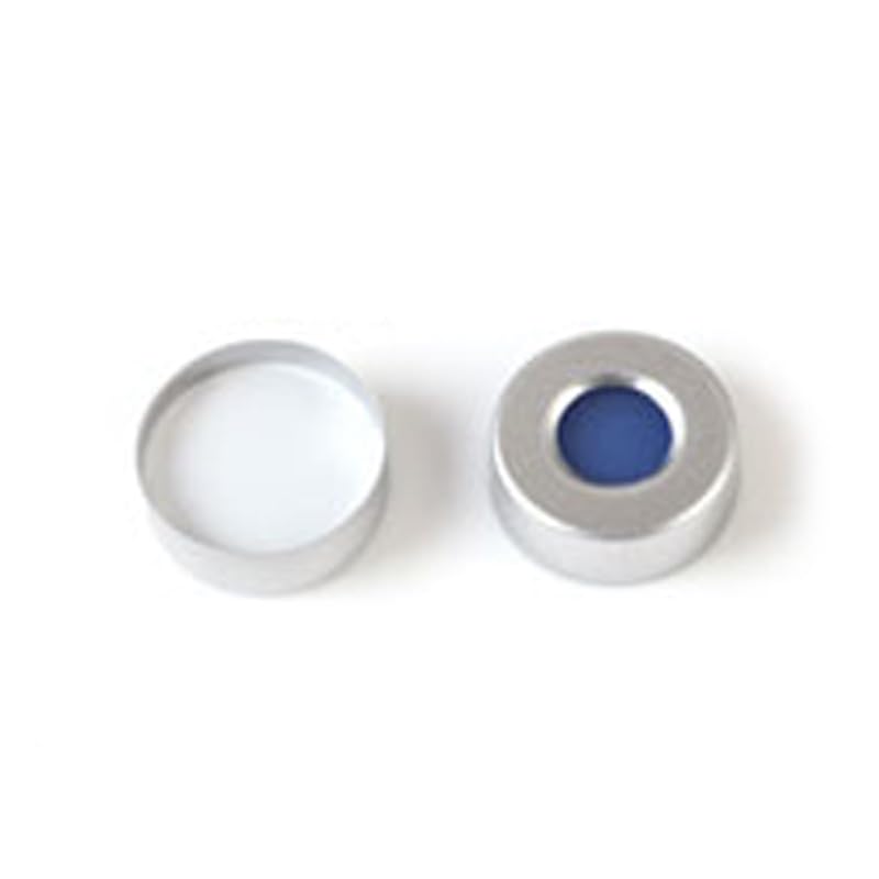 Lote de 100 Unidades de Tapas de Aluminio de 20 mm x 3 mm con septos de PTFE Blanco y Silicona Azul for Viales de cromatografía de mandíbula de 10 ml o 20 ml.(Cap with Septa)