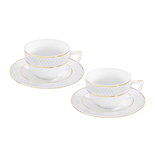 Wilmax - Tazze con piattini - motivo dorato - set da 2-170 ml - tazze da caffè in porcellana - bianco - servizio da tavola per 2 persone - set di tazze per caffè, tè, dessert