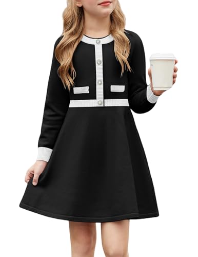 Arshiner Niñas Vestido Invierno Niños Cálido Punto A-Line Fiesta Festivo Elegante de Manga Larga Vestidos para Niñas 6-7 años Negro