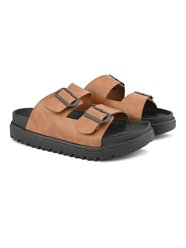 Image of STANPHORD Men Double Buckle Slider Sandals | Faux Leather Fashion Chappal | EVA Non-Slip Cushioned Sole | Casual Summer Daily Indoor Outdoor Wear (TPAI 14102)