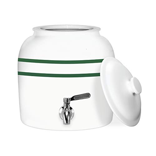 Geo Sports Porcelain Ceramic Crock Water Dispenser, Stainless Steel Faucet, Valve and Lid Included. Fits 3 to 5 Gallon Jugs (Green Stripe) by Geo Sports Bottles - Used condition - US$80.28
