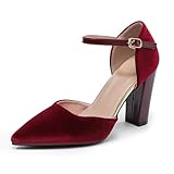 Zapatos de vestir de terciopelo para mujer, con correa de tobillo, tacones altos cerrados, puntiagudos, para novia, boda, noche y fiesta, rojo vino, 38 EU