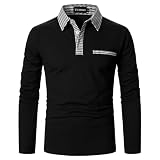 UUAISSO Poloshirts für Herren Langarm Kariertes Polohemd mit Kragen Lässiges Basic Golf T-Shirt W-Schwarz XXL