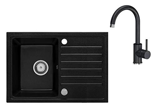 Spüle Spülbecken Granit 70x45 cm Einzelbecken Küche Einbauspüle Küchenspüle Siphon Waschbecken + Spültischarmatur 360°drehbar U- Form Wasserhahn