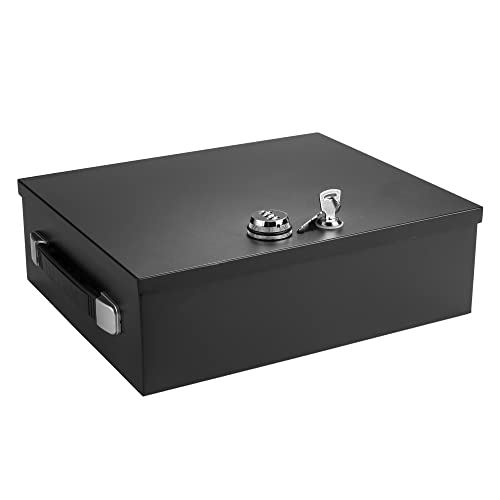 Fire Retardant Strong Box, Dual Combination And Key Lock Security Chest, Fire Resistant Steel Lock Box To Safeguard Vital Documents, Medicine, Money.24 Cubic Feet, 12" X 10" X 3.5" Interior, Black #TOP1