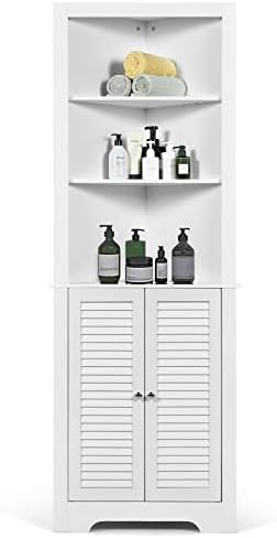 COSTWAY Tall Corner Cabinet, Wooden Freestanding Storage Cabinet with 3 Open Shelves & Doors, Large Capacity Storage Organizer for Bathroom Living Room Bedroom Kitchen (White)