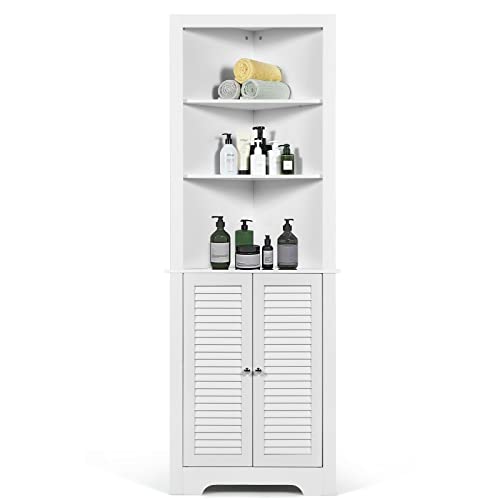 Costway Tall Corner Cabinet, Wooden Freestanding Storage Cabinet With 3 Open Shelves & Doors, Large Capacity Storage Organizer For Bathroom Living Room Bedroom Kitchen (White) #TOP11