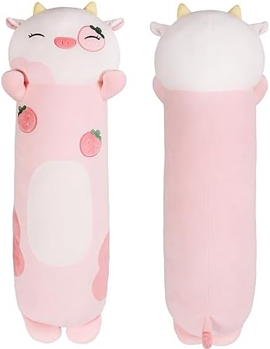 HAIJUNYA 35.4”Long Strawberry Cow Plush Body Pillow, Kawaii Cute Pink Cow Stuffed Animals, Hugging Squishy Pillow Soft Plushies Toy Gifts for Kids