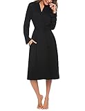 Ekouaer Lang Bademantel Kimono Morgenmantel V Ausschnitt Langarm Robe Saunamantel Umstandskleidung Umstandsmode Nachtwäsche Loungewear mit Gürtel und Taschen (Schwarz, M)