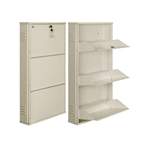 Image of DELITE KOM 20 Inch Wide, 3 Shelf Metal Shoe Rack Wall Mounted for Home with Central Lock | Holds Upto 8 Shoes or 12 Slippers Pair | 1 Year Warranty | (41 x 20 x 5 Inch, Ivory) | DIY | Space Saving