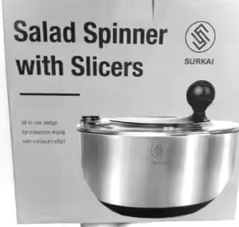 Salad Spinner with Slicers, 5L Capacity, Black, 5 Interchangeable Stainless Steel Blades, Dishwasher Safe, 9.6x9.6x8.3 Inches