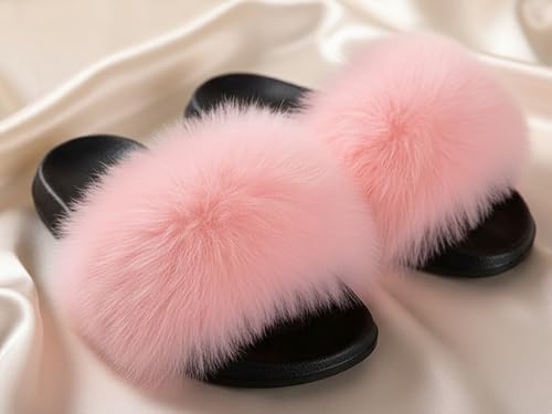 Image of Big Faux Fur Slides, Furry Slippers for Women Fuzzy Fluffy Sandals Shoes
