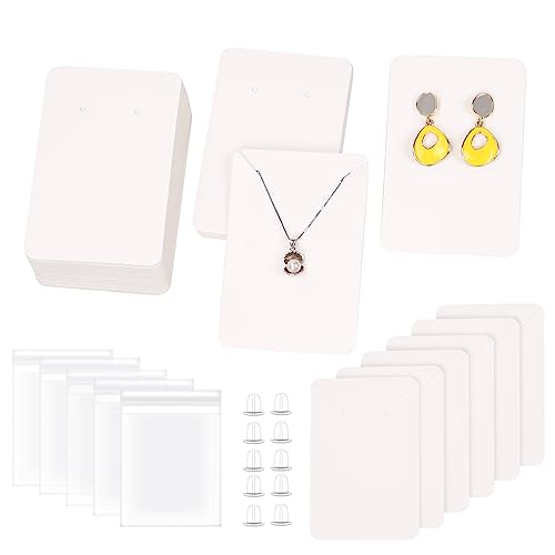 Swpeet 300-Pcs Weißer Ohrring Display-Karten assortments, 2 x 3,5 x 2,4 cm quadratische Ohrring Halter mit 100 Silikon Backs und Self-Seal-Beutel