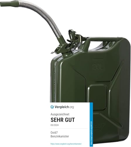 Oxid7® Bidón de combustible metálico 20 litros incl. Boquilla flexible, aprobado por la ONU | Bidón de combustible apto para gasolina, diésel y bioetanol