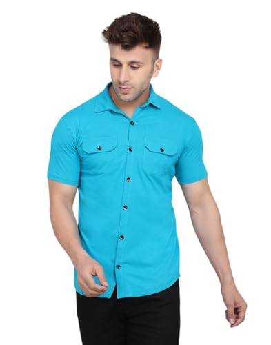Image of Men's Half Sleeve Shirt - Spread Collar Casual Shirt with Double Flap Pockets - Slim Fit Cotton Blend Button-Down