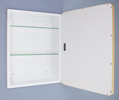 Image of 16x20 Austin Farmhouse Metal Framed Rounded Rectangle Recessed Bathroom Medicine Cabinet, Beveled Mirror, 14x18 in-Wall Opening, powder-coated Steel, Adjustable Glass Shelves, Magnet Close, Gold