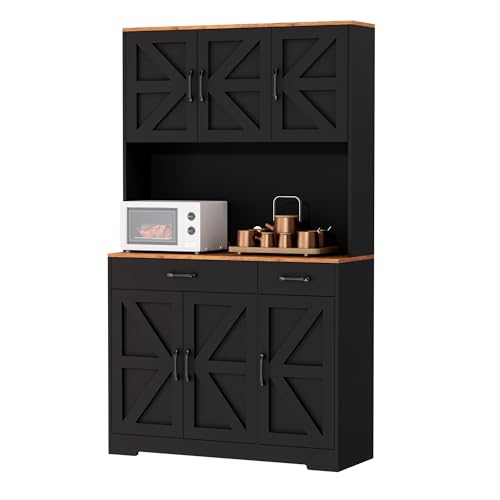 Azaeahom 71" Pantry Cabinet with Charging Station, Kitchen Storage Cabinet with Microwave Stand, 8-Zone Organization, 2 Smooth-Glide Drawers, Open Countertop for Dining, Kitchen, Living Room (Black)
