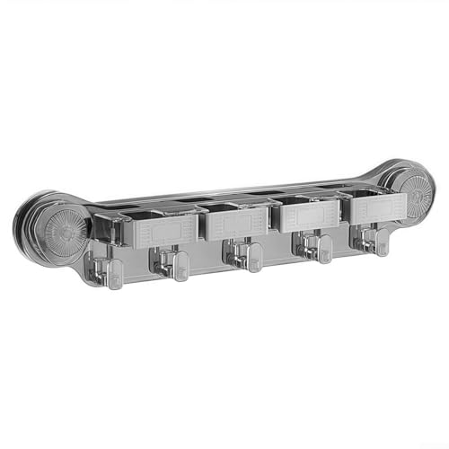 Yhenlovtt Soporte de pared con ventosa con 4 clips y 5 ganchos para organización de fregonas, escobas y herramientas en cocina, gara y armario (gris)
