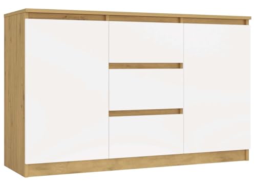 CDF Commode Basse 2 Portes et 3 Tiroirs Buffet Enfilade Meuble de Rangement Salon Chambre Bureau 120 x 40 x 75 cm - Chêne Artisan/Blanc