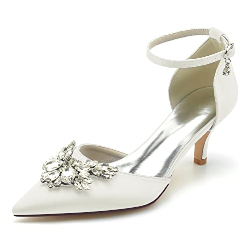 Closed Toe Satin Low Kitten Heels White Wedding Shoes for Bride Ankle Strap Rhinestones Beaded Bridal Shoes Evening Prom Party Dress Pumps for Women