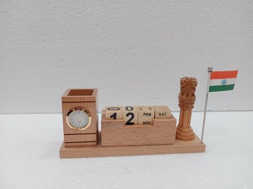 Image of Vrundavan Wood Art Wooden Desk Organizer with Pen Stand, Mobile Holder Flag Ashoka Pillar Clock & Calendar Personalized Office Accessory for IAS Advocates Corporate & Office Gifts Brown