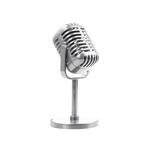 RTNLIT Retro Microphone Prop Model, Vintage Microphone Stage Table Decor with Stand, Fake Mic for Party, Jukebox Decorations (Silver)