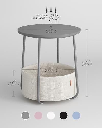 VASAGLE Side Table, Round End Table with Fabric Basket, Spacious, for Living Room Bedroom, Bedside Table, Modern Style, Cement Grey and Cloud White LET223G49